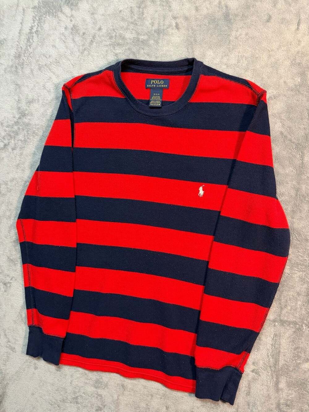 Polo Ralph Lauren mens medium RedNavy Striped Waffle Knit Long Sleeve Crewneck